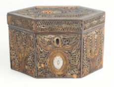18thc lozenge shaped quilled paper tea caddy with reliquary style cartouche, W19cm H 12cm