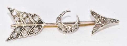 Victorian 9ct rose gold and silver brooch in the form of an arrow and crescent set with rose cut