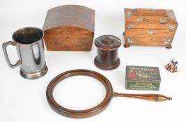 Treen and collectibles to include a mother of pearl inlaid rosewood tea caddy, inlaid amboyna box,