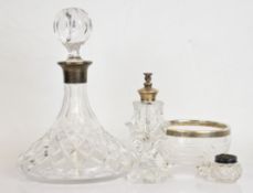 Modern hallmarked silver mounted ship's decanter, height 24cm, a hallmarked silver mounted cut glass