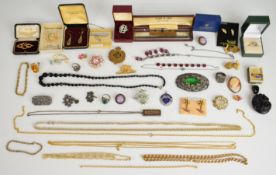A collection of jewellery including French jet beaded necklace, Victorian carved jet locket in the