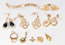 Three pairs of 9ct gold earrings, 9ct gold pendant set with a diamond and sapphires, 9ct gold brooch