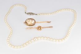 Two c1900 9ct gold brooches, one set with cameo and the other a pearl, together with a single strand
