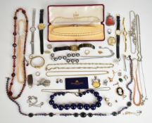 A collection of jewellery and watches including silver brooch set with pearls, silver pendant,