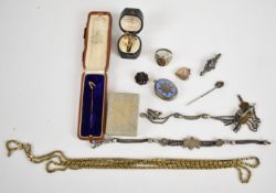 A collection of jewellery including 9ct gold ring mount (1.4g), section of 18ct gold ring (1.1g),