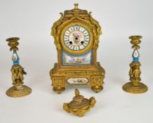 Barrard and Vignon French clock garniture with porcelain Sèvres style plaques and jewelled