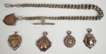 Silver Albert/ watch chain and five silver medallions, 109g