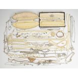 A collection of jewellery including four diamanté necklaces and a bracelet, cultured pearl