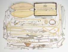 A collection of jewellery including four diamanté necklaces and a bracelet, cultured pearl
