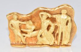An 18ct gold brooch depicting a detailed classical Greco-Roman mythology scene featuring multiple