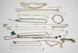 A collection of silver jewellery including bangle, seven bracelets including curb and gate examples,