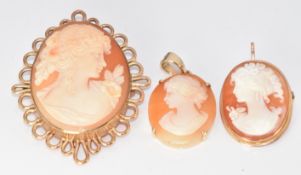 Two 9ct gold pendants and a 9ct gold brooch all set with cameos depicting young women, 19.6g,