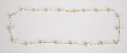 A 14ct gold necklace set with freshwater pearls, 7g, 41cm, each approximately 5mm