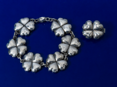 Georg Jensen four leaf clover silver bracelet and matching ring, design number 387 by Kim Naver,