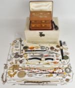 A collection of silver jewellery including chains, two rings, brooch, etc and costume jewellery
