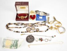 A collection of jewellery and watches including Seiko, coins, medallion by Spink & Co 'Sheffield