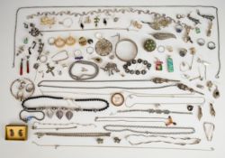 A collection of silver jewellery including thirteen rings set with marcasite, amethyst, abalone,