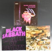 Three Black Sabbath LPs. Paranoid, Master of Reality and Greatest Hits, Vinyl appears EX to EX+ in