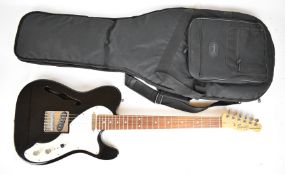 Fender Squire Thinline Telecaster guitar in black gloss finish with maple neck, rosewood fingerboard