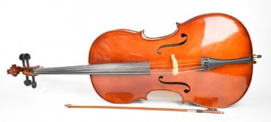 Antoni cello model ACC35, length of back including button 77.5cm, overall length 122cm, with bow and