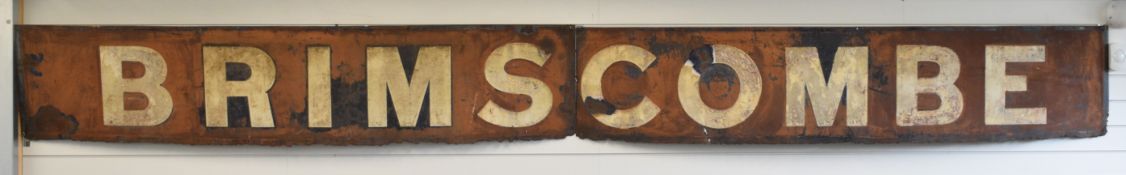 Great Western Railway Brimscombe enamel station sign, comprising two panels of blue and white