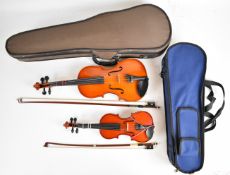 Beare-Tertis 'Model II' 1/8 size student viola, together with a smaller Stentor Music violin. both