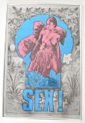 Sex! vintage psychedelic poster on silver foil effect paper designed by Martin Sharp in 1967,
