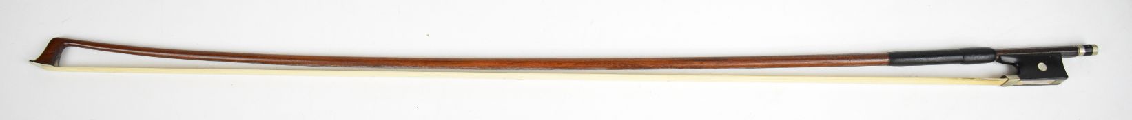 Otto Durrschmidt stamped violin bow with nickel mounts, ebony frog and mother of peal inlays, length