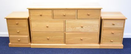 Pair of contemporary light oak bedside chest of three drawers, W44 x D40 x H60cm together with