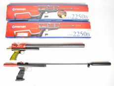 Two Crosman 2250B CO2 air pistols one with custom laminate show wood grips and sound moderated