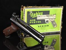 Webley Senior .22 air pistol with named and chequered Bakelite grips and adjustable sights, serial