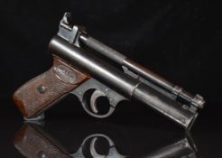 Webley Senior .22 air pistol with named and chequered Bakelite grips and adjustable sights, serial