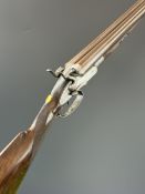 B Denyer 12 bore side by side hammer action shotgun with named and engraved locks featuring scenes