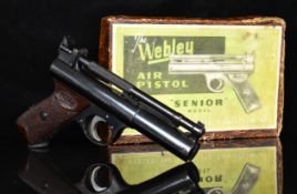 Webley Senior .177 air pistol with named and chequered Bakelite grips and adjustable sights,