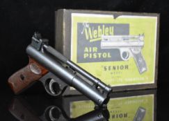 Webley Senior .22 air pistol with named and chequered Bakelite grips and adjustable sights, serial
