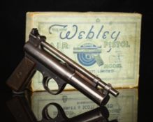Webley Senior 'Straight Grip' .22 air pistol with logo inset to the chequered wooden grips and