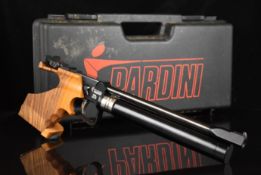 Pardini K2 .177 PCP target match air pistol with shaped and textured wooden grip and adjustable