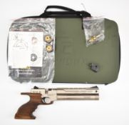 Reximex Mito W Silver .177 PCP target air pistol with shaped and textured wooden grip, scope rail,