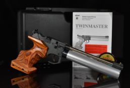 Rohm Twinmaster .177 PCP target match air pistol with shaped laminate show wood grips, 8 shot