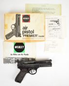 Webley Premier .22 air pistol with named and chequered Bakelite grips and adjustable sights,