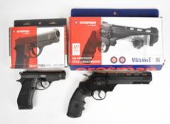 Two Crosman .177 CO2 air pistols / revolvers, Vigilante revolver NVSN and PFM16 semi-automatic