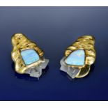 A pair of contemporary 18ct gold bi-coloured earrings with textured detailing, each set with an opal