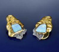 A pair of contemporary 18ct gold bi-coloured earrings with textured detailing, each set with an opal