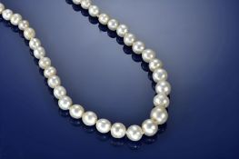 A single strand of fifty graduated natural saltwater pearls ranging from 6.5mm to 10.3mm, total