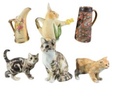 JENNY WINSTANLEY, THREE CERAMIC MODELS OF CATS WITH GLASS EYES Together with a Royal Worcester Blush