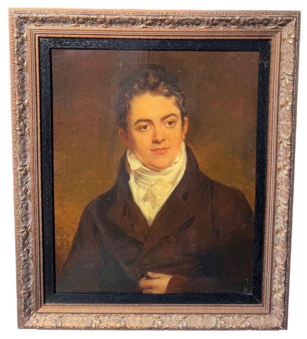 AN EARLY 19TH CENTURY ENGLISH OIL ON CANVAS LAID TO BOARD, PORTRAIT OF ...