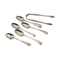 A COLLECTION OF GEORGIAN AND LATER SILVER FLATWARE Comprising a pair of sugar tongs and six