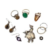 A COLLECTION OF VINTAGE SILVER AND GEM SET JEWELLERY Comprising a pair of earrings with Tiger’s eye,