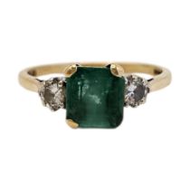 AN 18CT GOLD, EMERALD AND DIAMOND RING Square cut flanked with round cut diamond. (size Q, approx