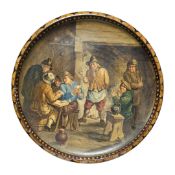 E.A. EVANS, BRUSSELS, 1877, A PAINTED POTTERY CHARGER Decorated with a tavern scene. (diameter 31cm)